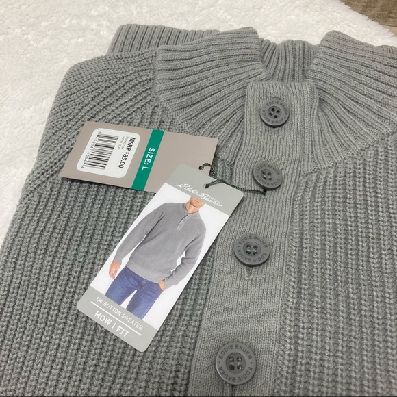 NWT Eddie Bauer Men’s sweater button neck gray cotton knit pullover size L - Picture 1 of 12